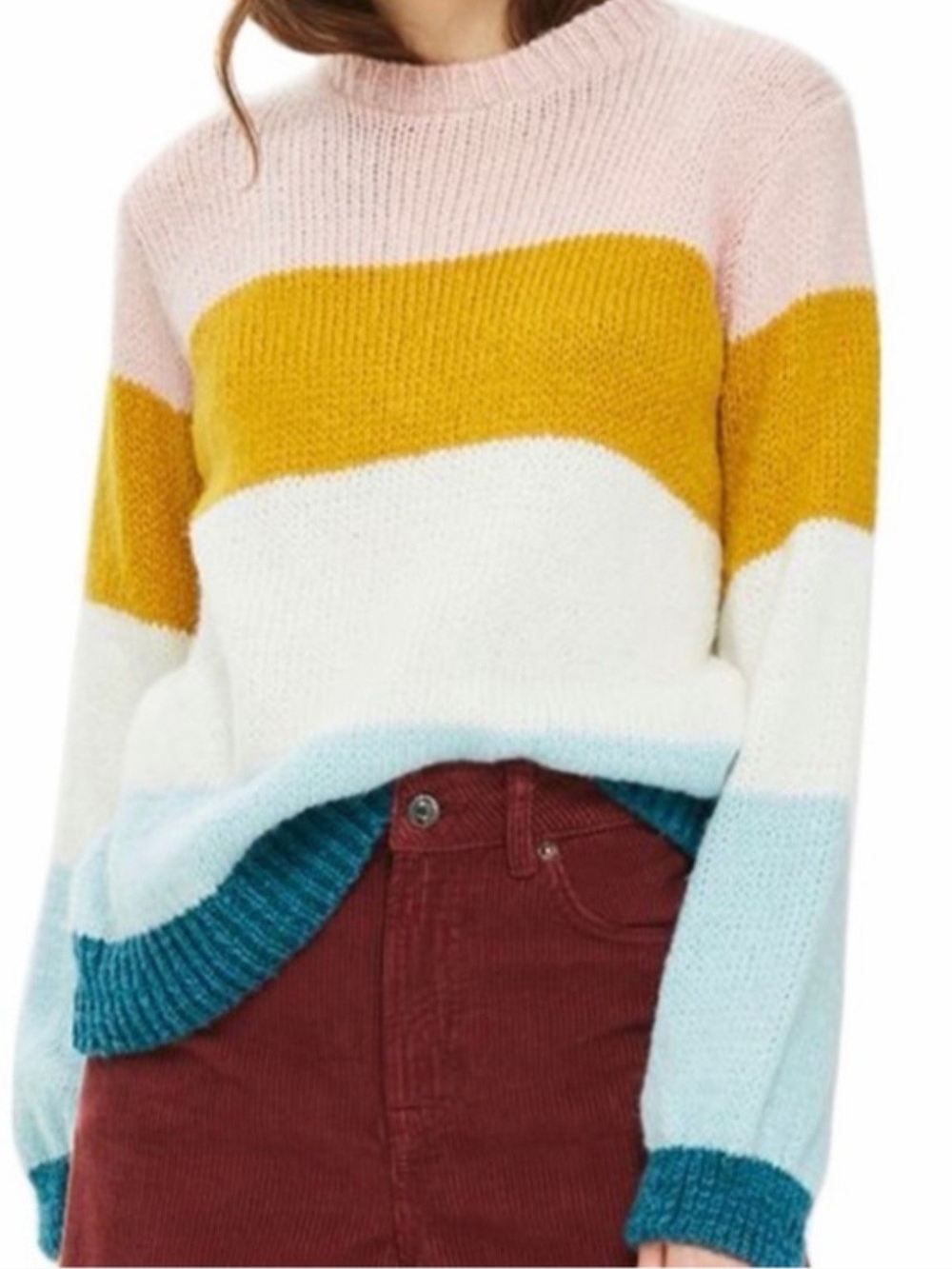 Topshop Striped Crewneck Sweater in Pink, Mustard, White, Light Blue, Teal